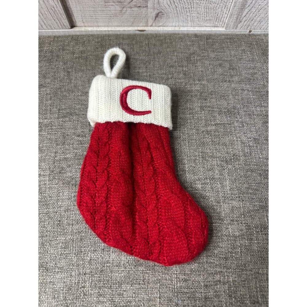 Christmas Stocking With Red Cable Pattern & White Cuff Featuring Monogram C